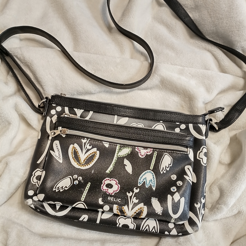 Upcycled Rhinestoned Relic Black Floral Crossbody Bag